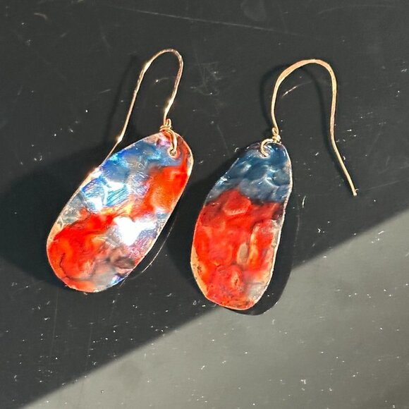 Festive Blue Red Copper Embossed Earrings Handmade Textured Painted Rustic Boho - Picture 4 of 11